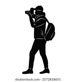 man photographer with backpack black silhouette vector