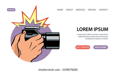 Man photographer with a camera. Hands close up. Photo studio lesson. Photography course. Design template for banner, website. Vector art illustration on a white background