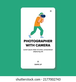 Man Photographer With Camera Making Photo Vector. Photographer With Camera Device Photographing Nature Outdoor. Character Professional Creativity Occupation Web Flat Cartoon Illustration