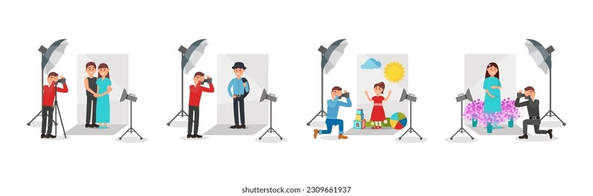 Man Photographer with Camera Taking Photo of People Vector Illustration Set