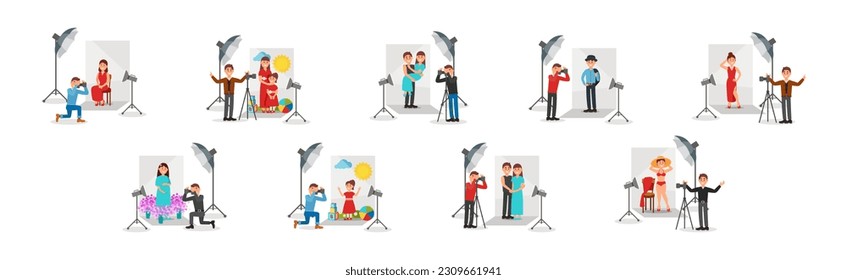 Man Photographer with Camera Taking Photo of People Vector Illustration Set