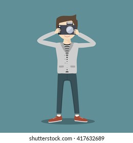 Man photographer with camera. Vector illustration flat character. Traveler, tourist, journalist, reporter concept.  Photography,  camera  photo,  paparazzi  photographer studio,  wedding photographer 