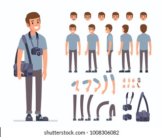 Man photographer  character constructor and objects for animation scene. Set of various men's poses, faces, mouth, hands, legs. Flat style vector illustration isolated on white background.