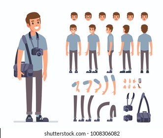 Man photographer character constructor and objects for animation scene. Set of various men's poses, faces, mouth, hands, legs. Flat style vector illustration isolated on white background.
Man photographer character constructor and objects for animation scene. Set of various men's poses, faces, mouth, hands, legs. Flat style vector illustration isolated on white background.