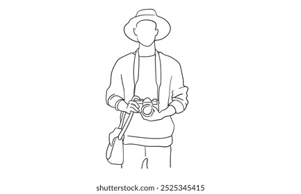 Homem fotógrafo desenho de arte de linha contínua isolado em fundo branco. Desenho de arte de linha de câmera profissional. Ilustração vetorial	