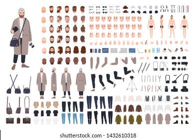 Man photographer, DIY kit or animation set. Bundle of body parts, clothes, accessories for photography, photo camera. Cute male cartoon character. Front, side, back views. Flat vector illustration.