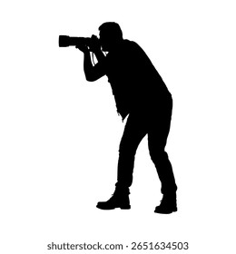 Homem fotógrafo segurando dslr câmera vista lateral isolada silhueta preta.	