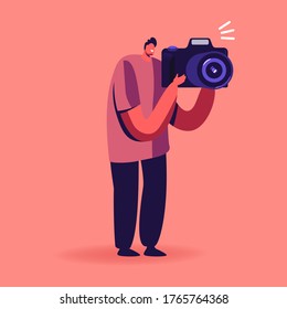 Man Photographer with Photo Camera Make Picture. Creative Hobby, Traveling or Professional Occupation Concept. Male Character Rest Abroad Shooting Life Memory Moments. Cartoon Vector Illustration