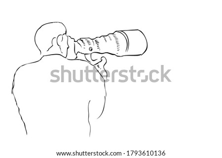 Man Photographer Take a Picture, using dlsr, tele lens attatched, simple vector manual hand draw sketch
