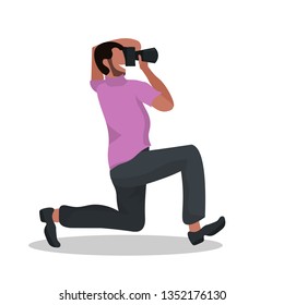 man photographer taking photo with camera african american guy standing on knee and shooting male cartoon character full length flat white background