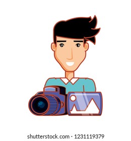 man with photographic camera and picture