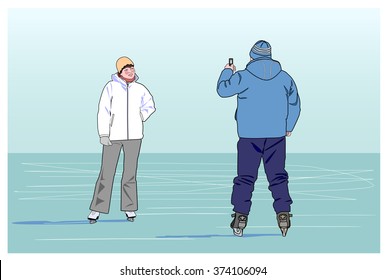 Man photographing beloved the woman ice-skating on the rink.