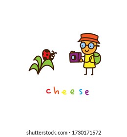 man photographing a ladybug, color inscription cheese
