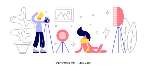 Man photographing a model in a photo studio. Photographer concept. Flat vector illustration