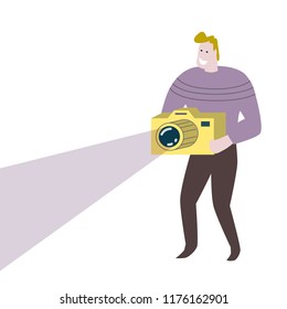 Man photographing on camera with projection light illustration. Positive guy using photographic camera. Occupation concept