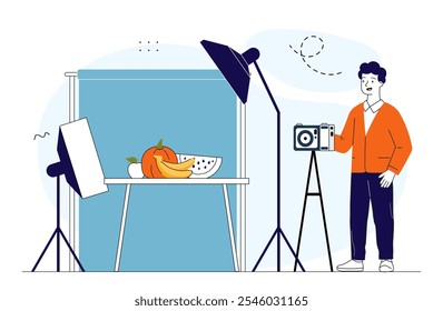 Homem fotografando produtos. Jovem com câmera tira foto de frutas e verduras. Fotógrafo e jornalista. Foto de comida. Ilustração de vetor linear isolada no plano de fundo branco