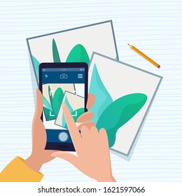 Man photographs art picture. Photo for social networks. Phone in hands.