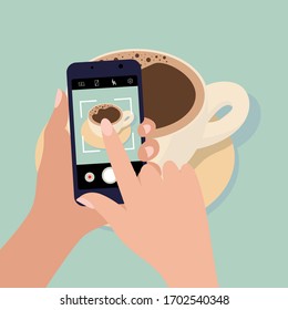 Man photographs coffee. Photo for social networks. Phone in hands. Vector illustration in flat style.