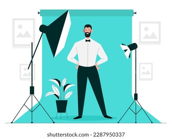 Man at photosession. Young guy in white shirt standing near lamps, softbox and camera. Paparazzi and photographer client, workplace model. Cartoon flat vector illustration