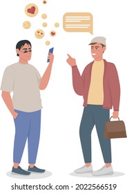 Man Phubbing Semi Flat Color Vector Characters. Full Body People On White. Ignoring Friend For Phone. Smartphone Addiction Isolated Modern Cartoon Style Illustration For Graphic Design And Animation