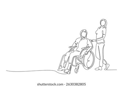 Man with physical disability sitting in wheel chair in continuous one line drawing. Single line art illustration of woman pushing patient wheelchair. Editable vector.