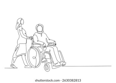 Hombre con discapacidad física sentado en silla de ruedas en dibujo continuo de una línea. Ilustración de arte de una sola línea de mujer empujando la silla de ruedas del paciente. Vector editable.