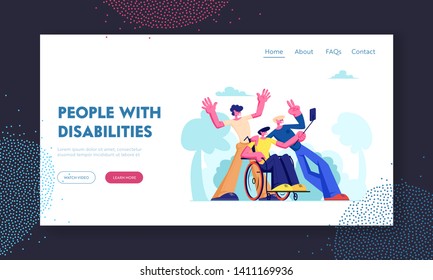 Man with Physical Disorder Sit in Wheelchair with Friends Around, Group of Mates Making Selfie Outdoors. Friendship, Relations, Website Landing Page, Web Page. Cartoon Flat Vector Illustration, Banner