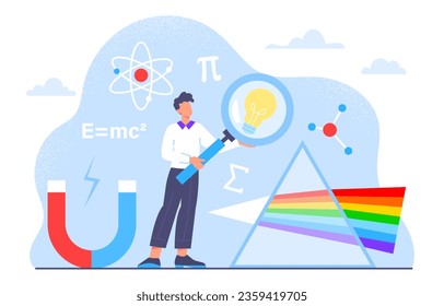 Man with physics concept. Young guy with magnifying glass near magnet and rainbow. Student studying refraction of light. Scientific research in laboratory. Cartoon flat vector illustration