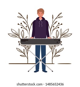 man with piano keyboard and branches and leaves in the background
