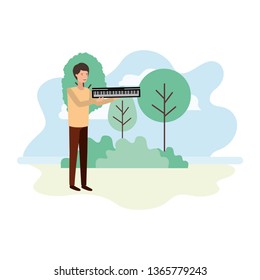 man with piano keyboard in landscape character