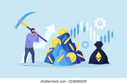 Hombre con pickaxe extrayendo de la roca una moneda de cifrado de eéreo o bitcoin. Cripto de minería, granjas de minería de criptodivisa. La gente negocia, invirtiendo en criptomonedas. Agricultura digital de divisas. Cadena de bloqueo
