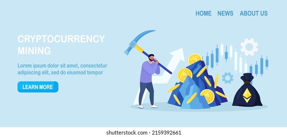Man with pickaxe extracting ethereum or bitcoin crypto coin out of rock. Mining crypto, Cryptocurrency mining farms. People trading, investing in cryptocurrencies. Digital currency farming. Blockchain