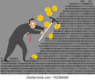 Man with a pickaxe mining bitcoin cryptocurrency from mountain of computer code, EPS 8 vector illustration