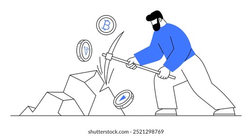 Man with pickaxe mining Ethereum coins next to rocks. Ideal for cryptocurrency, blockchain, digital finance, investment, and mining technology. Simplified style.