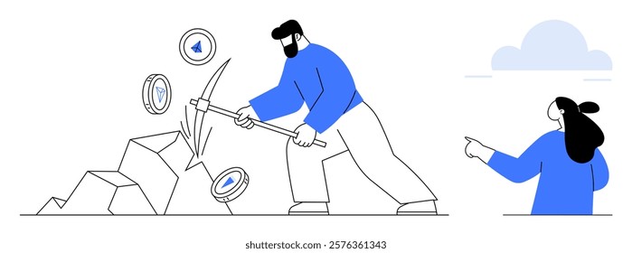 Man with a pickaxe strikes rocks revealing cryptocurrency symbols as a woman points in the background. Ideal for technology, finance, cryptocurrency, blockchain, teamwork. Simple and modern style