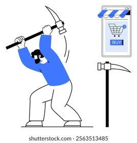 Man with a pickaxe striking the ground beside a smartphone screen with a shopping cart icon, and buy button notification of 3 messages Ideal for e-commerce technology digital work mining conceptual