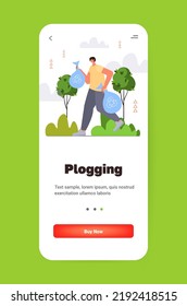 Man Picking Up Garbage Into Bags Plogging Ecological Challenge Save Planet Concept Landscape Background