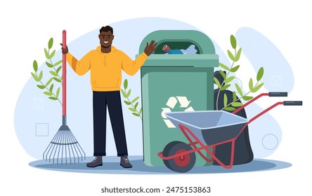 Hombre recogiendo basura. Un joven con rastrillos se para cerca de un cubo de basura verde. Reciclaje y reutilización. Los activistas ecológicos se preocupan por la ecología y el medio ambiente. Ilustración vectorial plana de dibujos animados