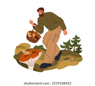 Man picking mushrooms in autumn forest, foraging, collecting fungi with basket. Happy male mushroomer looking for fungus, exploring fall nature. Flat vector illustration isolated on white background