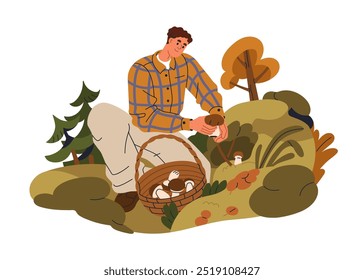 Man picking mushrooms in autumn forest. Male mushroomer kneeling and collecting, gathering fungi harvest, boletus into wicker basket in fall wood. Flat vector illustration isolated on white background