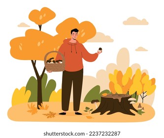 Man picking mushrooms. Young guy with basket of natural and organic products near stump. Active lifestyle and useful hobbies, love for plants and harvesting. Cartoon flat vector illustration