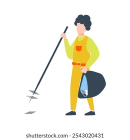 Man picking paper trash into garbage bag in flat design. Street cleaning. Vector illustration isolated.