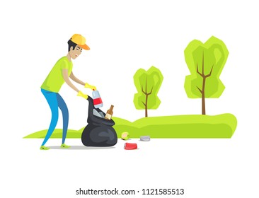 Man Picking Up Plastic Bottles With Label, Glass And Aluminum Waste, Rotten Apple, Process Of Placing Garbage In Package Bag Vector Illustration