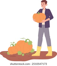 Mann pflückt Kürbis vom Gartenboden. Bauernfigur einzeln auf weißem Hintergrund