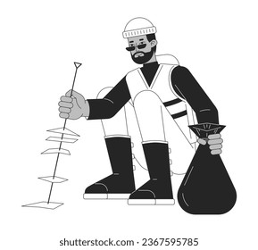 Man picking up rubbish flat line black white vector character. Rubbish bag. Editable outline full body person. Simple cartoon isolated spot illustration for web graphic design