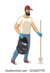 Man Picking Up Trash. Bearded Guy With Rake And Black Bag Picks Up Garbage. Cleaning Arena, Park. Responsible Society And Concern For Environment. Ecology Care. Cartoon Flat Vector Illustration