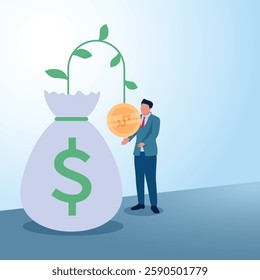 A man picks up coins emerging from a plant in a money bag. Illustration for return on investment, stocks and company value.