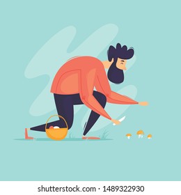 Man picks mushrooms in the forest. Flat design vector illustration.