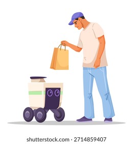 El hombre recoge la bolsa de papel del Pequeño robot de entrega autónoma, estilo de dibujos animados sobre fondo blanco. Concepto de entrega sin contacto moderno. Ilustración vectorial