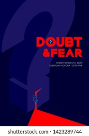 Man pictogram open the isometric question mark door to dark room, Doubt and Fear Psychology problem concept poster and banner design illustration isolated on blue background, with space